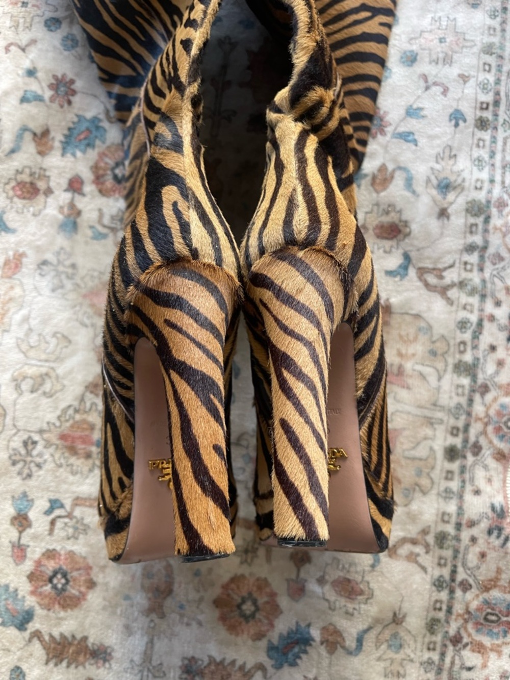 Prada Brown and Black Zebra-Print Knee High Pony Hair Platform Boots - Picture 12 of 13